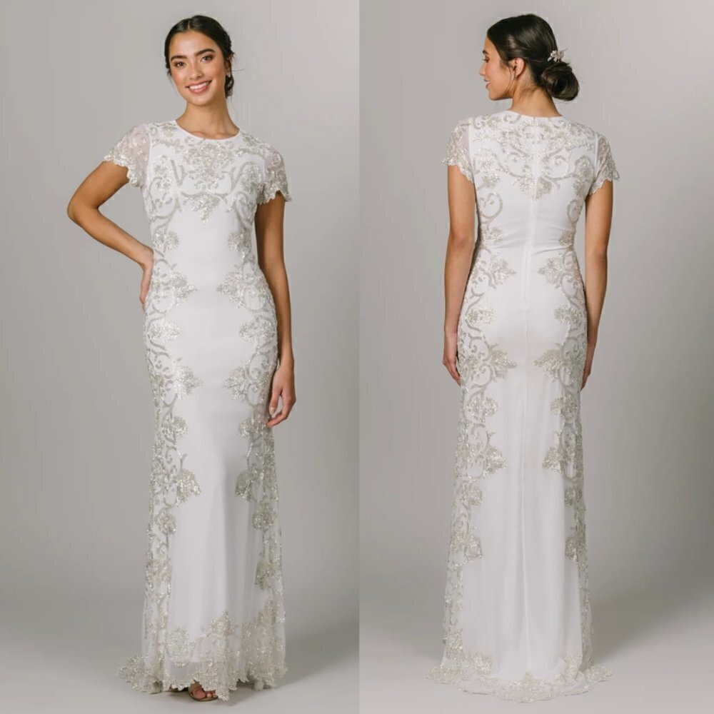 LOTUS THREADS Beaded Georgette Cap Sleeve Gown in Creme Size US 4 NWT